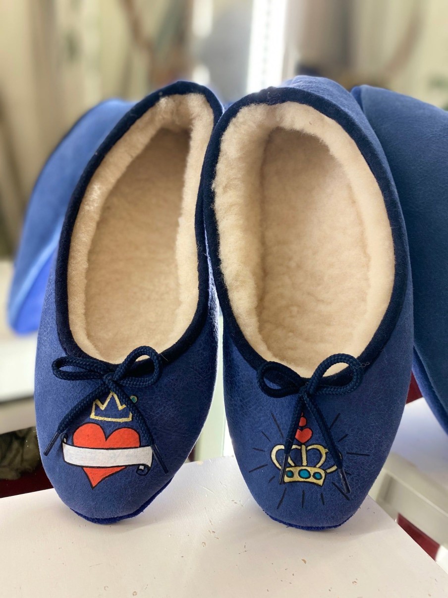 Milona Monogrammed Suede Slippers - Navy Wholesale