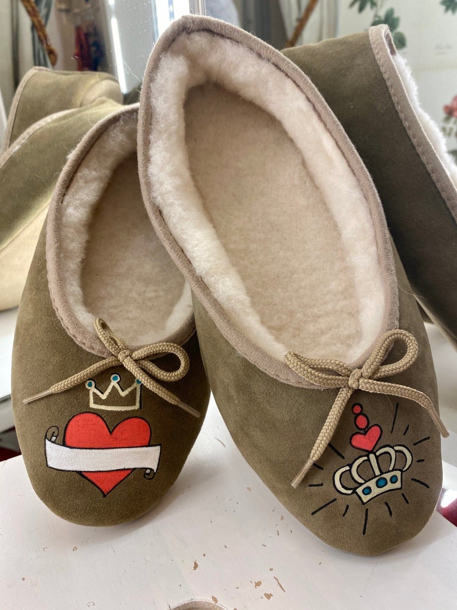 Milona Monogrammed Suede Slippers - Khaki Hot