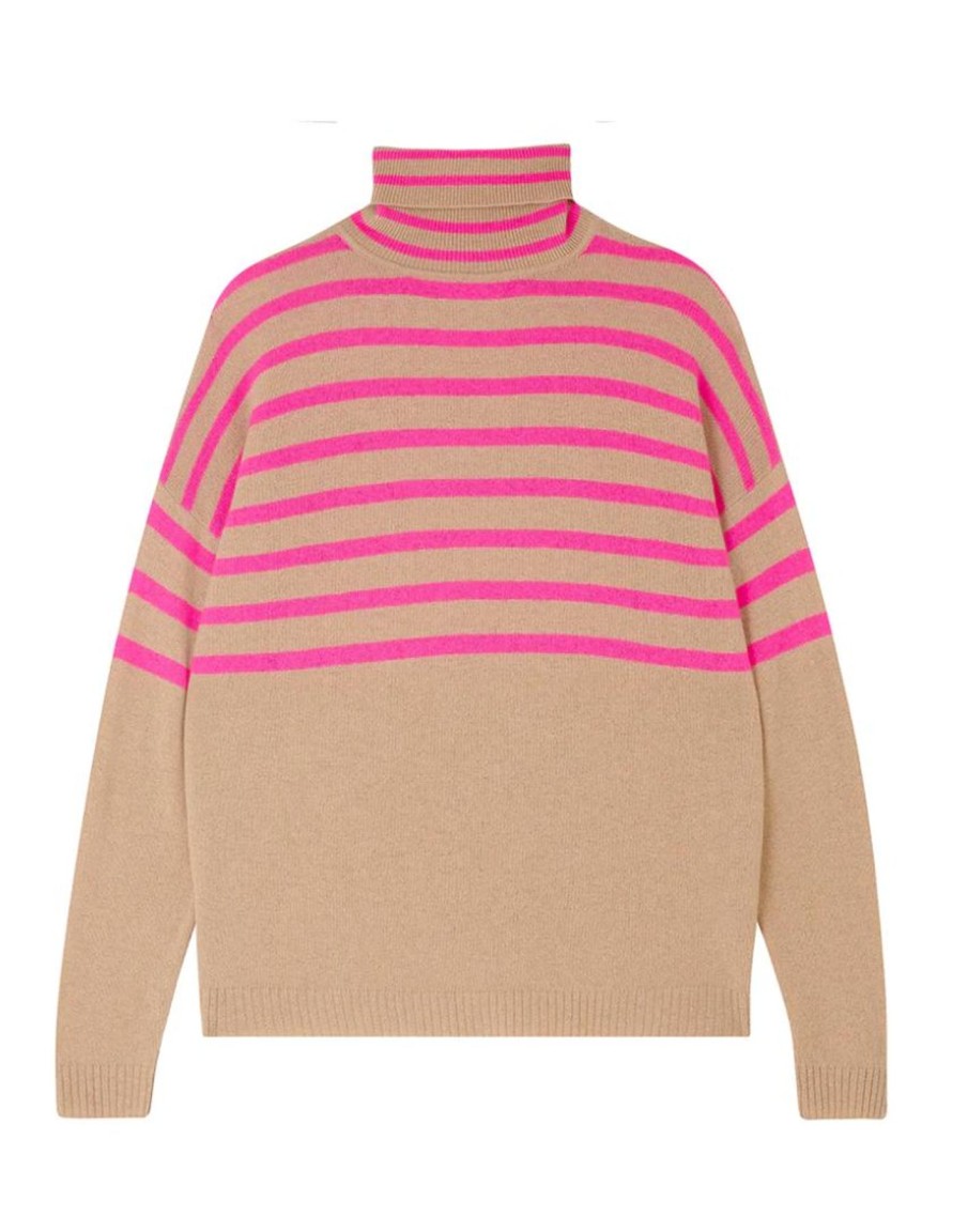 Jumper 1234 Camel & Pink Stripe Poloneck Clearance